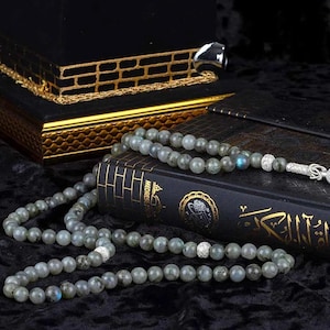 Islamic Prayer Beads, Tasbih Labradorite Stone Beads, 925 Sterling Silver Islamic Rosary, Meditation Beads, Ramadan Gift, Islamic Gift