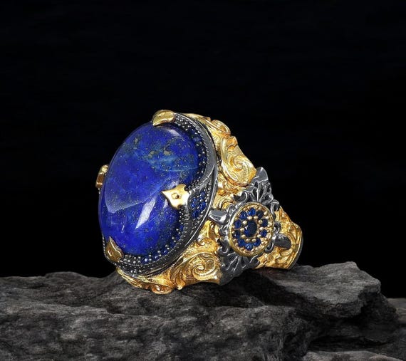 Antique Large Lapis Lazuli Men Ring, 925 Sterling Silver Engraved Ring,  Statement Ring for Men, Blue Gemstone Lapis, Gift for Him, Dad Gift