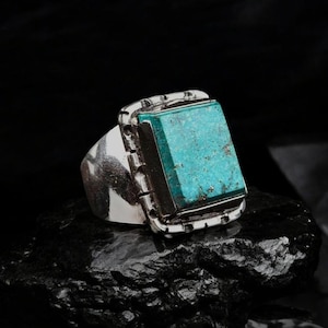 Mens Turquoise Stone  Ring, Natural Turquoise Blue Stone Ring for Men, Turquoise Ring, 925 Sterling Silver Signet Ring, Valentines Day Gift