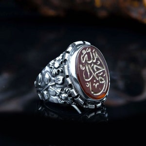 Silver Walhamdulillah Red Agate Islamic Ring, Islamic Silver Ring, Handmade Muslim Protection Quran Ring, Muslim Mens Jewelry, Muslim Gift