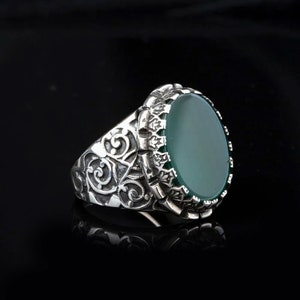 Men Green Agate  Turkish Handmade Silver Ring, Engraved Gemstone Men&#39;s Jewelry, 925 Sterling Silver Ring, Gift for Him, Father&#39;s Day Gift