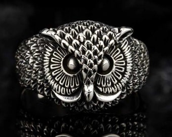 Silver Large Owl Ring, Engraved Unique Barn Owl Ring, Night Owl Ring, 925 Sterling Silver Ring, Gift for Him, Father&#39;s Day Gift
