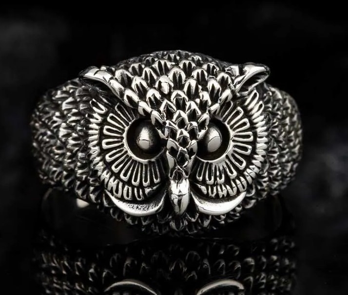 Silver Large Owl Ring, Engraved Unique Barn Owl Ring, Night Owl Ring, 925 Sterling Silver Ring, Gift