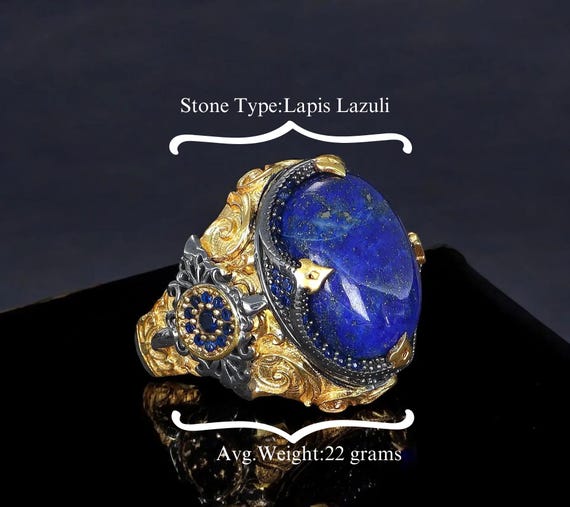 Antique Large Lapis Lazuli Men Ring, 925 Sterling Silver Engraved Ring,  Statement Ring for Men, Blue Gemstone Lapis, Gift for Him, Dad Gift