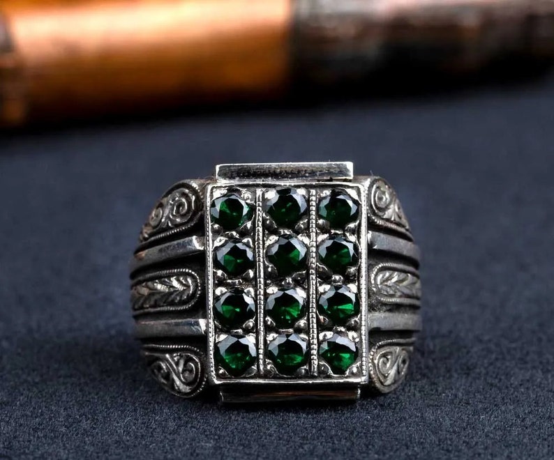 Exclusive Handcrafted 925 Sterling Silver Ring with Green Zircon Stones ,Elegant Vintage Bohemian Style,Unique Gift For Her,Gift For Him
