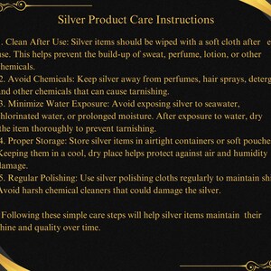 May include: A black and gold framed image with white text outlining instructions for caring for silver products. The text includes tips on cleaning, storing, and polishing silver items to prevent tarnishing.