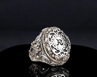 Personalized Mens Rings Silver, 925 Sterling Silver Personalized Men Ring, Vintage Style Silver Ring, Gift for Him, Father&#39;s Day Gift