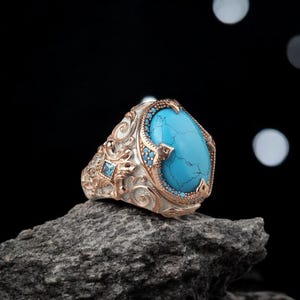 Men&#39;s Ottoman Turquoise Silver Ring, Traditional Turkish Handmade Jewelry, 925 Sterling Silver Men&#39;s Ring, Gift for Him, Father&#39;s Day Gift