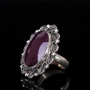 Handcrafted Sterling Silver Ring with Oval Ruby Gemstone,Vintage-Inspired Floral Design, Unique Birthstone Jewelry Gift for Her