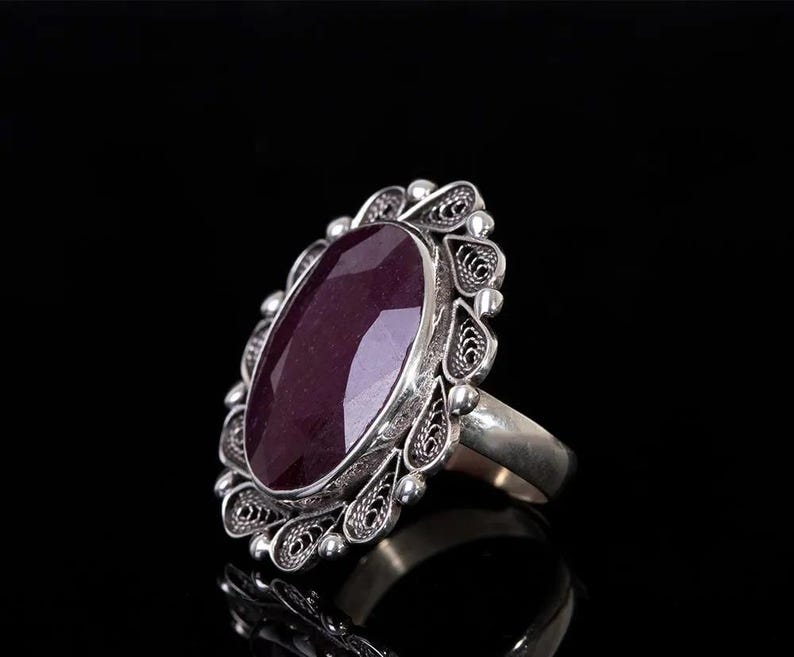 Handcrafted Sterling Silver Ring with Oval Ruby Gemstone,Vintage-Inspired Floral Design, Unique Birthstone Jewelry Gift for Her