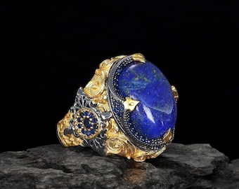 Antique Large Lapis Lazuli Men Ring, 925 Sterling Silver Engraved Ring,  Statement Ring for Men, Blue Gemstone Lapis, Gift for Him, Dad Gift