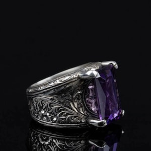Genuine Amethyst Men Ring, Handmade Ottoman Style Amethyst Jewelry, 925 Sterling Silver Signet Ring, Gift for Him, Father&#39;s Day Gift