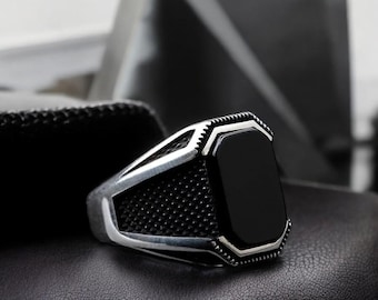 Ancient Greek Black Onyx Men&#39;s Silver Ring ,Daily Use Ring ,Geometric Cut Black Onyx Men&#39;s Silver Ring, Gift for Him, Father&#39;s Day Gift