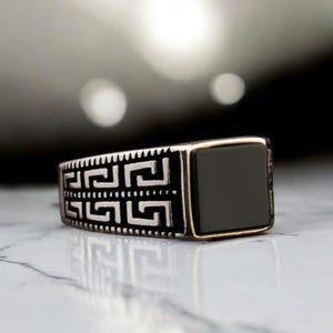 Greek Key Black Onyx Silver Ring for Men, Black Gemstone Onyx Signet Pinky Ring, 925 Sterling Silver Ring, Gift for Him, Father&#39;s Day Gift