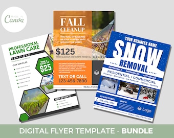May include: Three digital flyers for lawn care and snow removal services. The first flyer is green and black with the text "Professional Lawn Care Services" and a photo of a lawn. The second flyer is orange and white with the text "Fall Cleanup" and a photo of a hammock. The third flyer is blue and white with the text "Snow Removal" and photos of snow removal equipment.