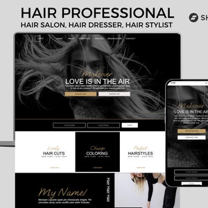 Pode incluir: Mockup de site web para um salão de cabeleireiro com o texto "Hair Professional" e "Love is in the air" em um fundo preto com uma foto de uma mulher com cabelo comprido. O site também inclui um formulário de contato e uma seção para agendamento de compromissos.