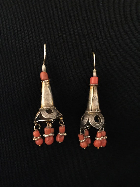 handmade, coral, silver, antique, earrings, Bukhar