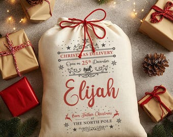 Gepersonaliseerde kerstzak voor kinderen - typografieontwerp (groot)