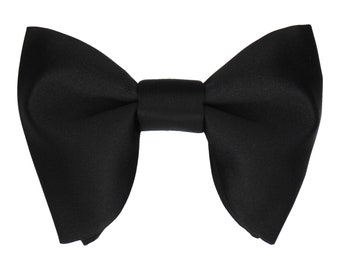 Vintage Style Bow Tie - Plain Solid Black Satin Large Evening Bow Tie - Oversize Droopy Retro Dickie Bow - Black Tie Accessory