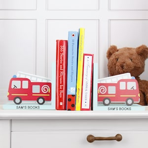 Personalised Red Fire Engine Bookends – Custom Bookend Set, Boys Birthday, First Birthday, New Baby Gift, Kids Decor