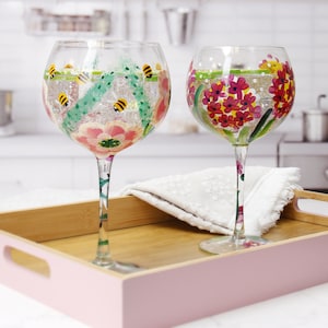 Engraved Glass, Hand Painted Floral Gin Glass - Celebration Glasses, For Her, Flower Glasses, Gin, Hand Crafted - Choice of Designs