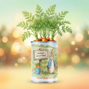 May include: A tin can carrot grow kit with a Peter Rabbit illustration. The can is decorated with a sign saying "Michael's Carrot Patch", a bucket of carrots, and a picture of Peter Rabbit. Fresh carrots and green tops are growing from the top of the can.