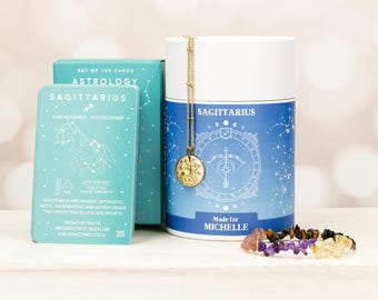Boogschutter sterrenbeeld cadeauset, gouden ketting, geboortesteenarmband, astrologiekaarten