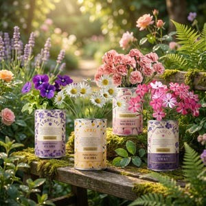 May include: Four cylindrical metal tins containing flowers, each labelled with a month and a name. The tins feature floral patterns and text including February with Claire, April with Rachel, January with Michelle, and March with Vicky.
