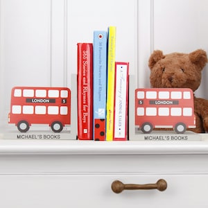 Personalised Red London Bus Bookends – Custom Bookend Set, Boys Birthday, First Birthday, New Baby Gift, Kids London Decor