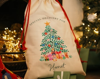Personalised Christmas Sack - Xmas Tree Design for Kids, Small or Large with custom name