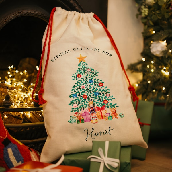 Saco de Navidad personalizado - Diseño de árbol de Navidad para niños, pequeño o grande con nombre personalizado