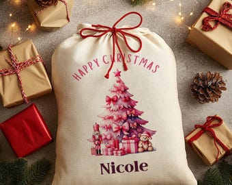 Personalised Christmas Sack - Pink Tree | Christmas Toy Sack | Christmas Stocking |  Small/Large