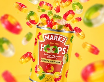 Personalised Birthday Sweet Tin, Haribo Friendship Rings, Custom Name Age & Birth Year