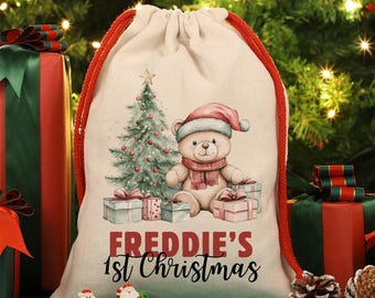 Personalized 1st Christmas Sack – Linen Teddy Bear Toy Sack