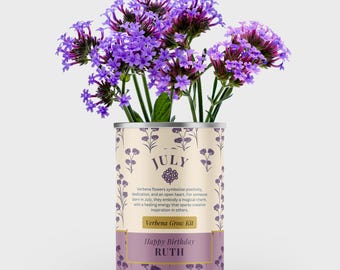 Lata de verbena con flores de nacimiento de julio: regalo personalizado para cultivar tus propias flores