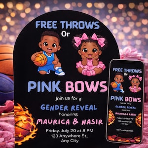 May include: A black sign with the text "FREE THROWS Or PINK BOWS" and illustrations for a gender reveal party. A smartphone displays the same design. Basketballs and pink gift boxes are in the background.