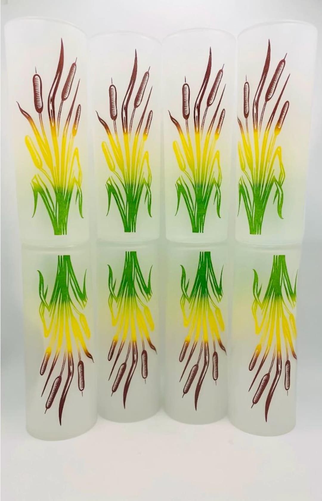 Rare Set of 8 Vintage Federal Glass Frosted Cattail Tom Collins Glasses ...