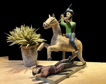 19C. Santiago the Moor slayer on horseback.  Carved wood  Mexican history folk art piece.  The handmade sword was added later.