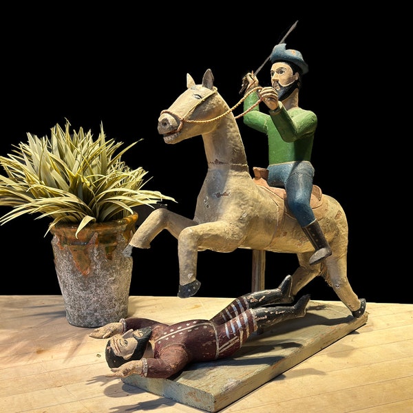 19C. Santiago the Moor slayer on horseback.  Carved wood  Mexican history folk art piece.  The handmade sword was added later.