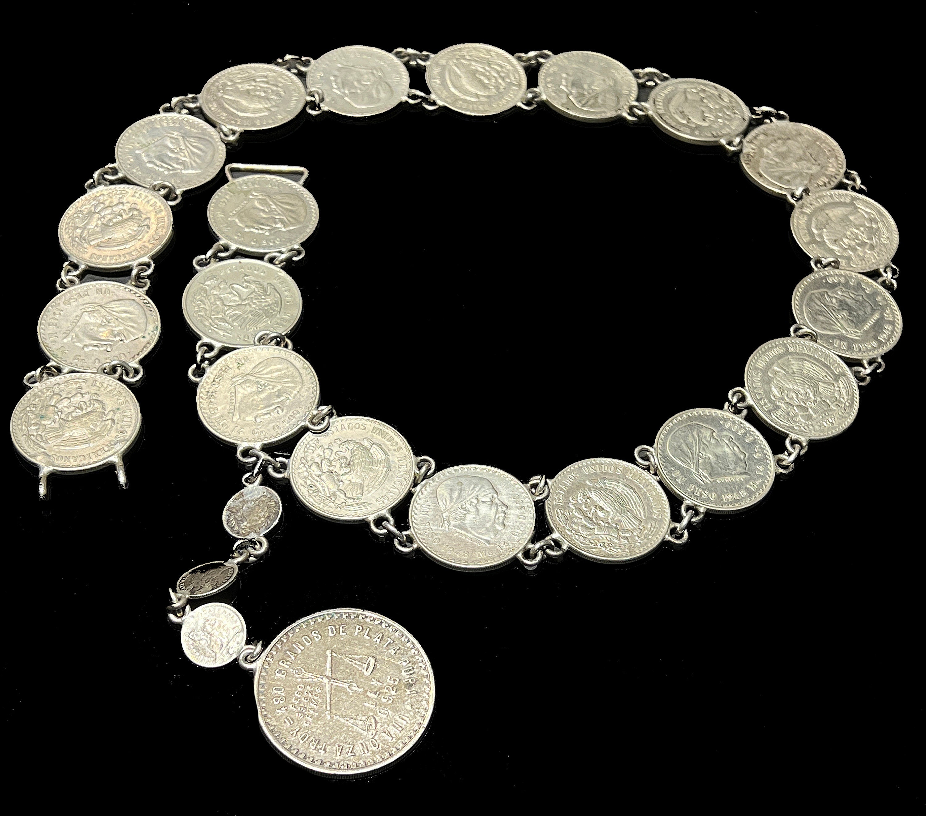 [Zest of The West] Antique Rare Sterling Silver Beaded Coin Embellished Belt Amazon.com: Womens Fashion Beaded Belt with ties | Metal  main image 3
