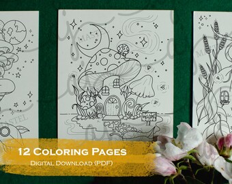 May include: A set of 12 coloring pages featuring whimsical illustrations of mushroom houses, a crescent moon, and stars. The pages are perfect for adults and children who enjoy coloring.