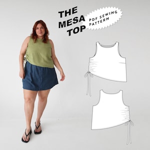 May include: A sleeveless olive green top with a side drawstring detail and a dark blue skirt. The text reads THE MESA TOP PDF SEWING PATTERN. Next to the top are two black and white line drawings showing the front and back views of the garment.