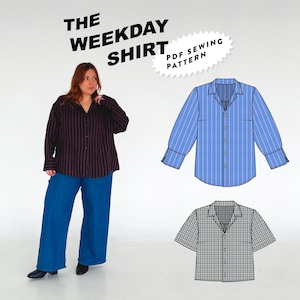 May include: A woman wearing a burgundy and black striped shirt and blue jeans. The image also features a blue striped shirt illustration and a gray plaid shirt illustration. Text reads "THE WEEKDAY SHIRT" and "PDF SEWING PATTERN".
