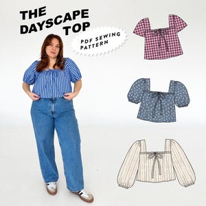 May include: A woman in a blue and white striped top and jeans. The image displays three top designs: a pink gingham top, a blue floral top, and a cream striped top. Text reads "THE DAYSCAPE TOP" and "PDF SEWING PATTERN."