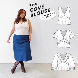 May include: A digital sewing pattern for a blouse called "The Cove Blouse". The pattern includes three different styles: a sleeveless blouse, a blouse with short ruffled sleeves, and a blouse with long ruffled sleeves. The pattern is available as a PDF download.