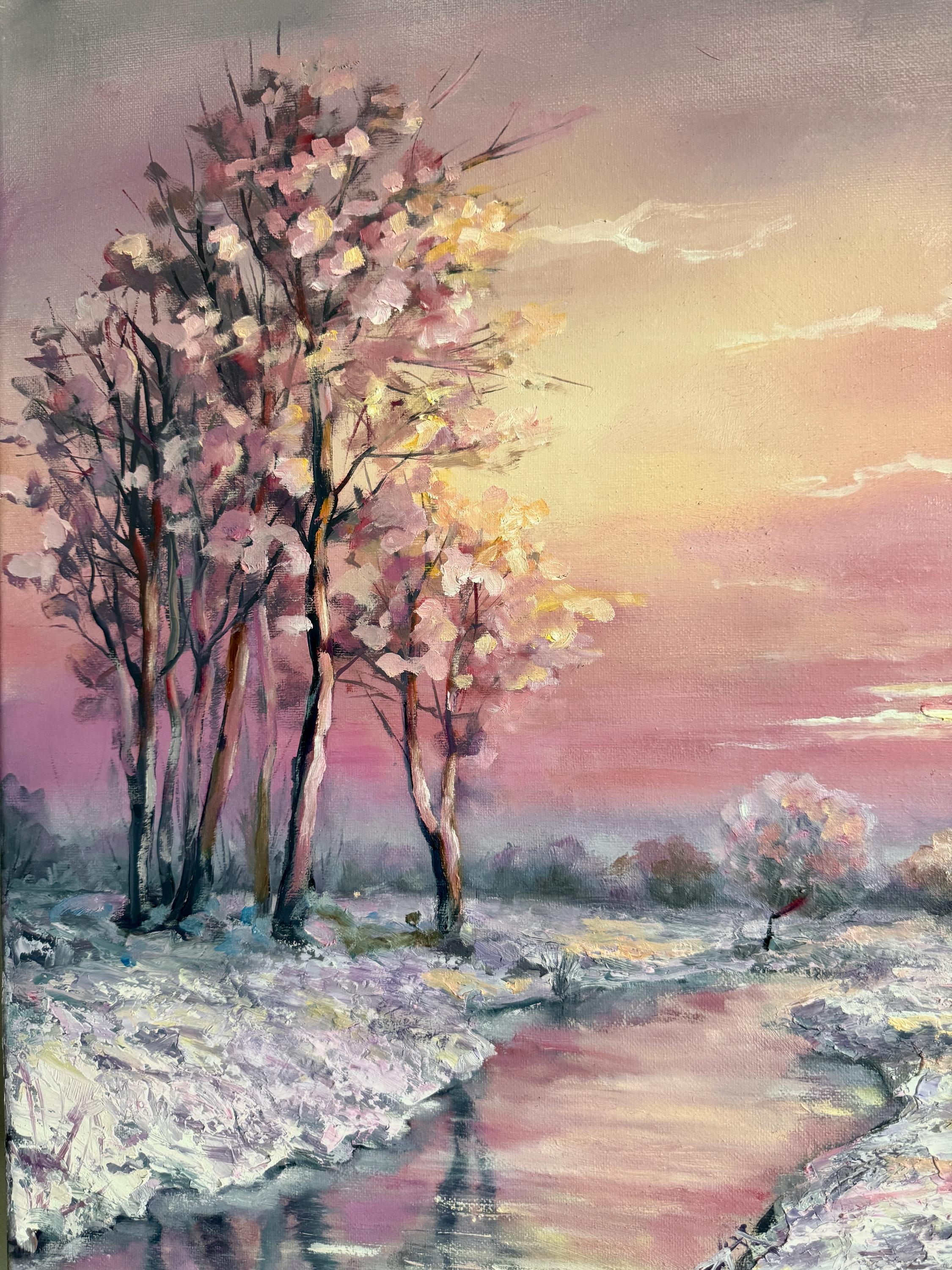 絵画 sunrise Pink Sunrise Landscape — Original Oil Painting on Canvas, 40x50 Cm