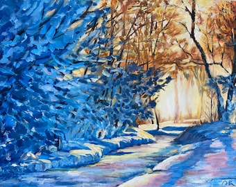 Amanecer en el bosque invernal, pintura al óleo, 18 x 24, paisaje invernal texturizado