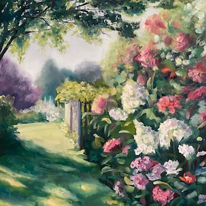 Spring Paradise Oil Painting on Canvas Landscape Colorful Bright Wall Art Handmade Original Green White Pink