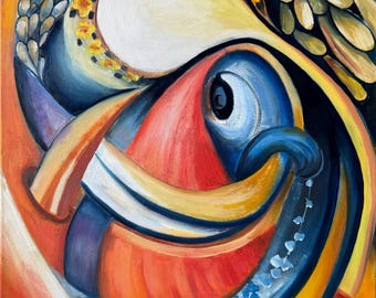 Original Oil Painting, Mother Child Angel Protection Art, Spiritual Family Wall Decor (18x24 inch)