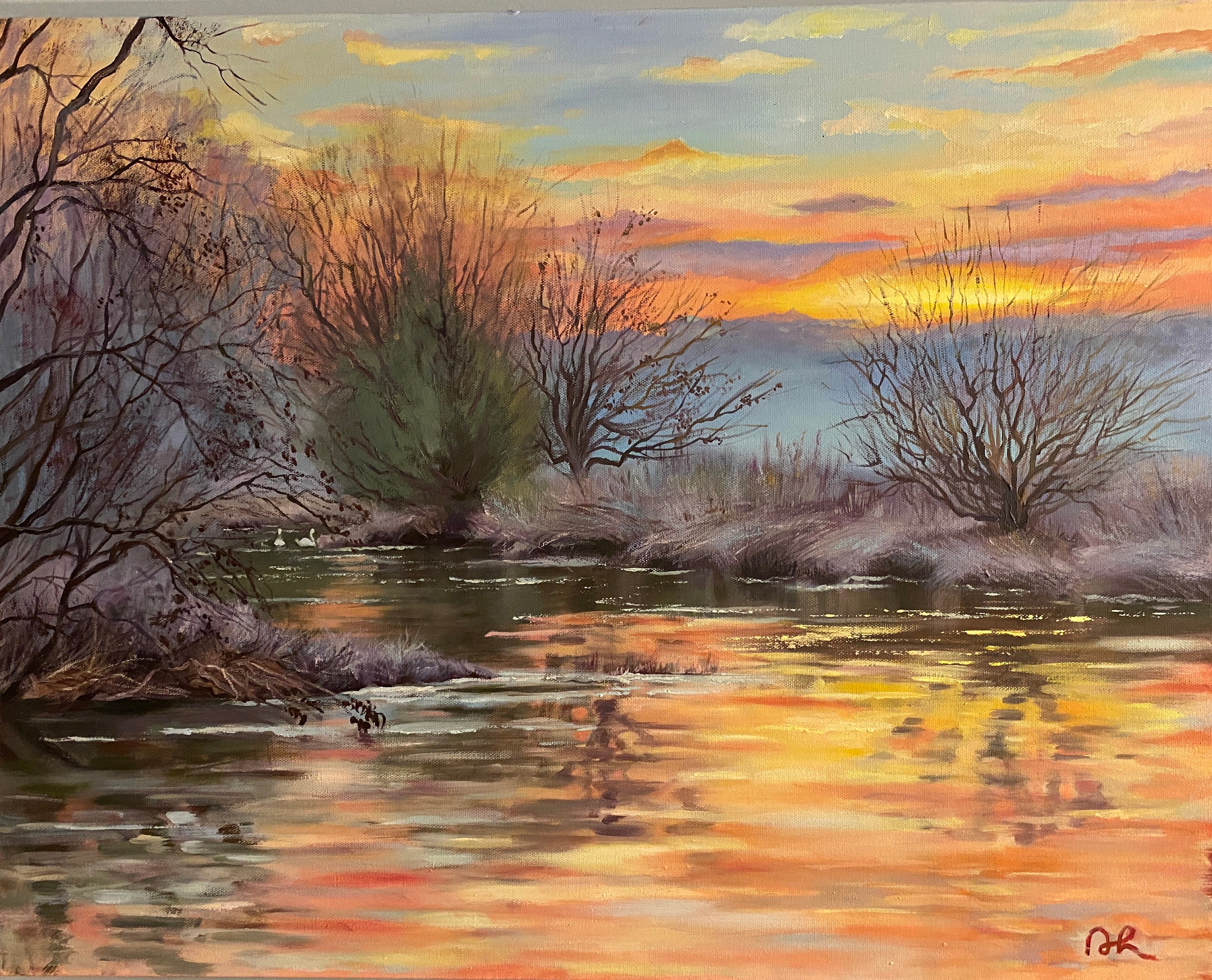 Sunset Over the Lake Oil Painting on Canvas 22x28 in Peaceful Landscape ...